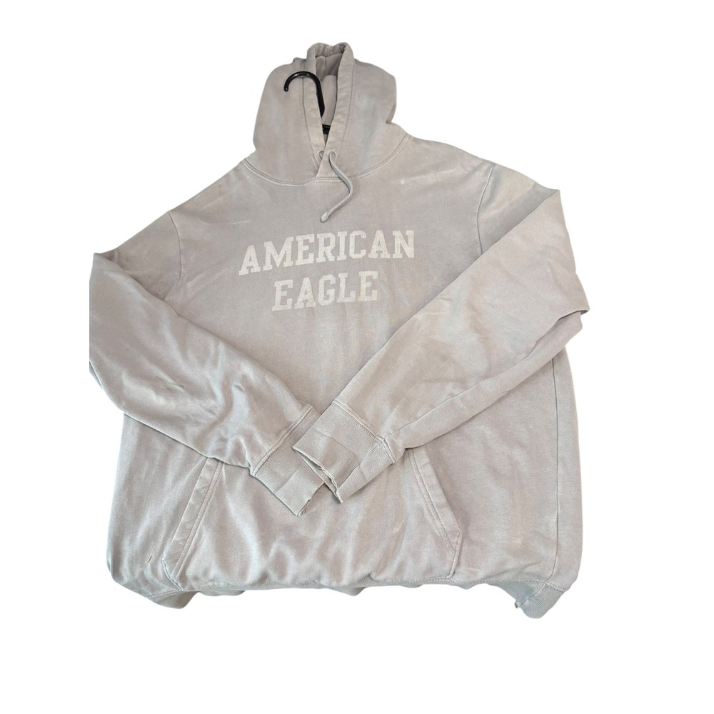 American Eagle Mens Hoodie Grey Graphic Logo Pullover Sweatshirt Size L